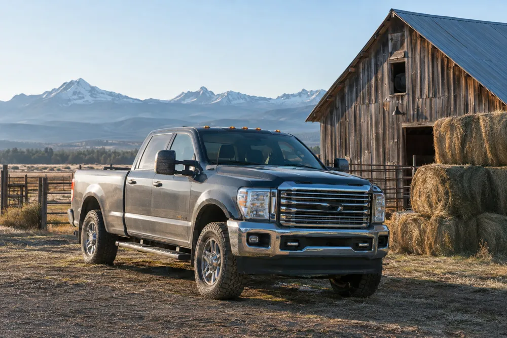 Ranch diesel truck by a barn